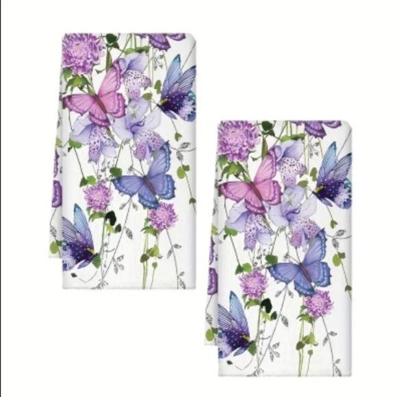 Set of 2 Purple Butterfly Kitchen Towels - Picture 1 of 1